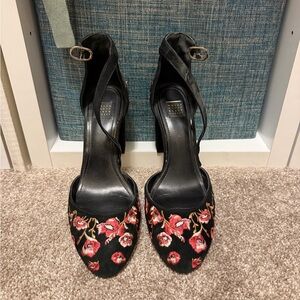 White House Black Market Black Heels with Red Floral Embroidery